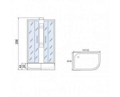 Душевая кабина Мономах 120/90/44 Б/К МЗ R 120х90х206, без крыши, асимметричная